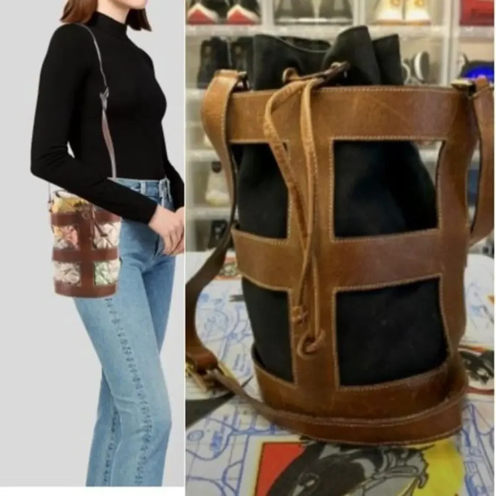 RARE Salvatore Ferragamo Rib Cage Bucket Bag Leather Designer Brass Collectible